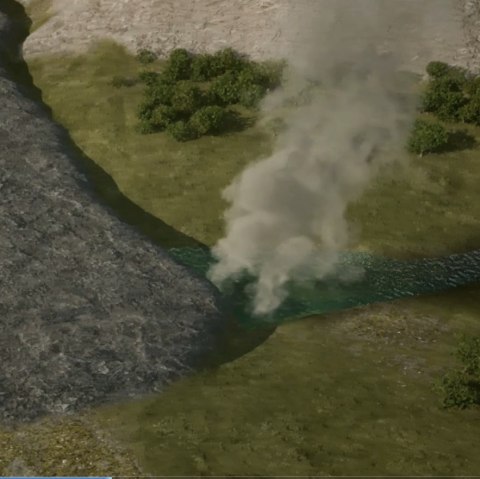 Visualisatie van afkoelende lava van de Sarresdorf lavastroom in contact met een rivier