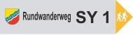 Schild des Rundwanderwegs SY 1 mit dem Stadtkyller Ortswappen und einem Symbol für Wanderer auf grauem Hintergrund., © OG Stadtkyll