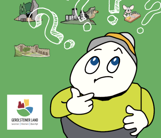 Titelseite des R&auml;tselheftes "Mit Willi Basalt durchs Gerolsteiner Land" mit Bild des fragend schauenden Maskottchens Willi Basalt.