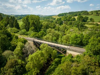 Eine hohe Brücke spannt sich zwischen grünen Bäumen vor blauem Himmel
