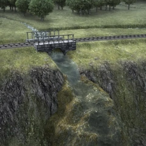 Visualisatie van de vorming van de Dreimühlen waterval met de loop van de rivier onder een brug door het dal in.