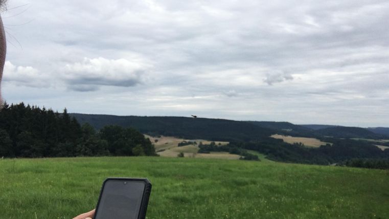 Une personne tient un téléphone portable et regarde une pelouse verte avec des collines en arrière-plan. Le ciel est nuageux et le paysage est vaste.