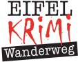 Logo of the Eifel Krimi Hiking Trail with the word 'Krimi' in blood-red lettering, below 'Wanderweg' on a black background., © Touristik GmbH Gerolsteiner Land