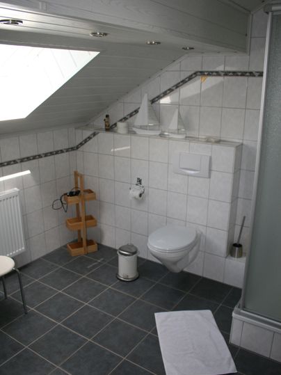 Ein modernes Badezimmer mit weißen Fliesen und dunklem Boden. Es verfügt über eine Dusche, ein WC und einen Handtuchhalter.