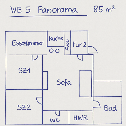 Un plan d'étage d'appartement avec différentes pièces. La superficie est de 85 m² et comprend notamment une salle à manger, une cuisine et deux chambres à coucher.