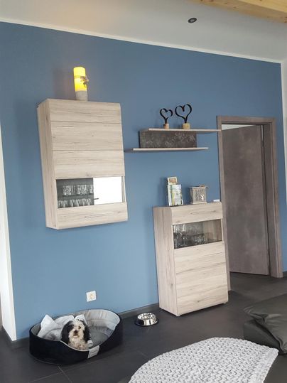 Ein modernes Wohnzimmer mit blauem Wandfarben und Holzakzenten. Ein Hund liegt in einem Korb auf dem Boden.