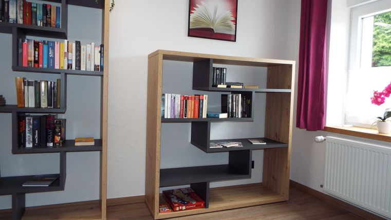 Ein modernes Wohnzimmer mit einem Bücherregal aus Holz. Das Fenster lässt viel Licht herein und es gibt einen kleinen blühenden Pflanze auf der Fensterbank.