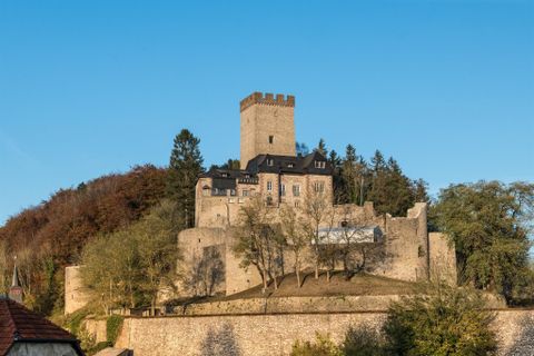 Burg Kerpen thront auf einem bewaldeten Hügel, umgeben von Bäumen und unter klarem, blauem Himmel.