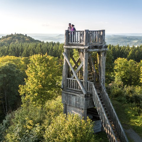 Zwei Wanderer stehen auf der Spitze eines mehrstöckigen Aussichtsturms aus Holz, welcher mitten aus einem dichten Wald herausragt, und schauen in die Ferne. 