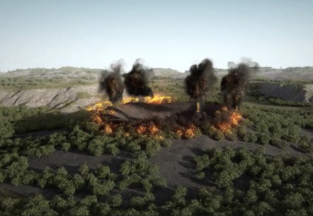 Visualisierung eines explodieren Vulkankegels in bewaldeter Landschaft