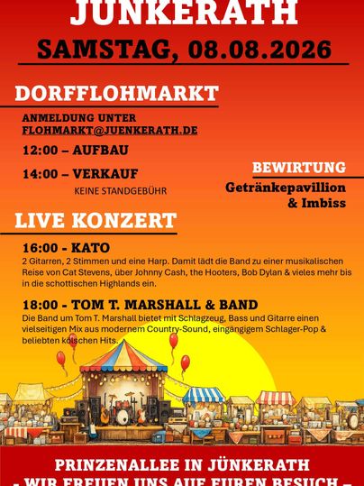 Een poster voor de dorpsrommelmarkt in Jünkerath op 08.08.2026. Het bevat informatie over opbouw, verkoop en een liveconcert met verschillende bands.
