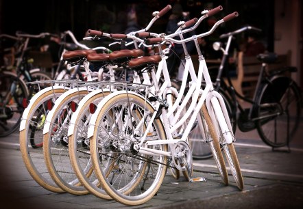 Four identical bicycles are parked next to each other. More bicycle models can be seen in the background.