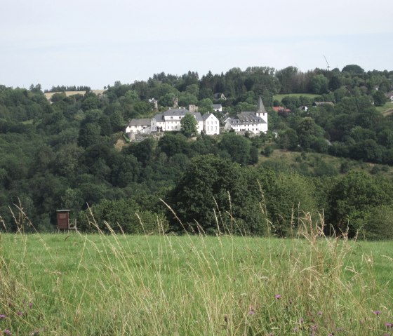 View of Kronenburg with historic buildings on a hill, surrounded by green landscape and trees. A meadow with tall grass in the foreground., &copy; Touristik GmbH Gerolsteiner Land