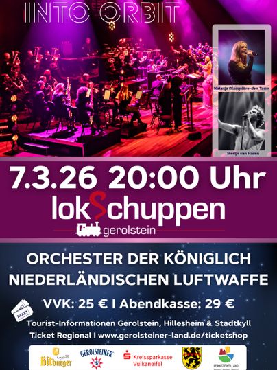 Konzertplakat für das Orchester der königlich niederländischen Luftwaffe. Das Event findet am 7. März 2026 um 20:00 Uhr im Lokschuppen in Gerolstein statt.
