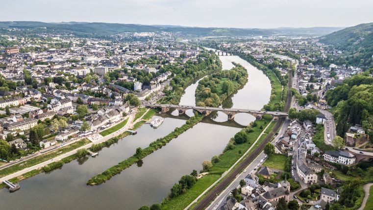 Aerial view of Trier with the Moselle and bridges.