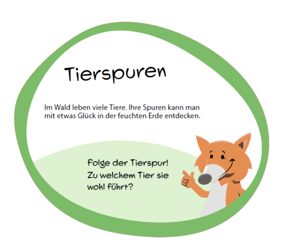 Information sign &quot;Animal Tracks&quot; with fox mascot.