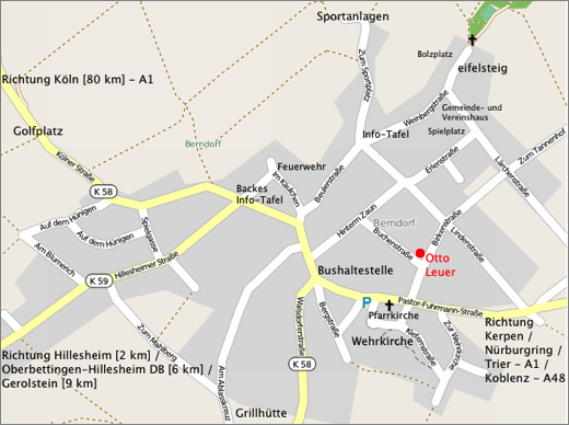 Eine Stadtkarte mit wichtigen Orten in Berndorf. Sie zeigt Straßen, öffentliche Einrichtungen und Beschilderungen.