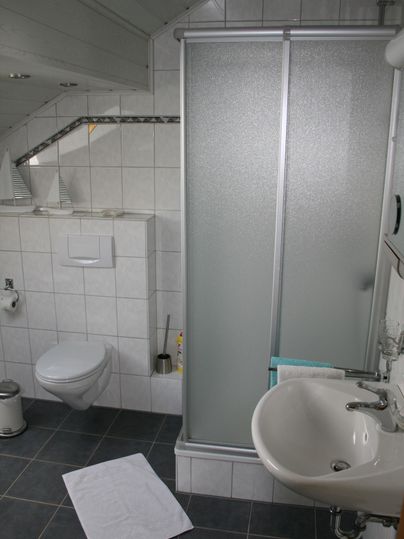 Ein kleines Badezimmer mit Dusche, Waschbecken und Toilette. Die Wände sind hell gefliest und der Boden ist dunkel.