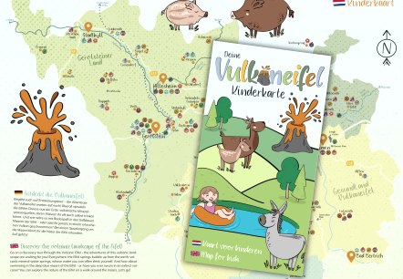 Voorpagina van de kleurrijk ge&iuml;llustreerde &ldquo;Vulkaneifel Kinderkarte&rdquo; en fragment van de kaart met de nadruk op de plaatsen Stadtkyll, Hillesheim en Gerolstein.