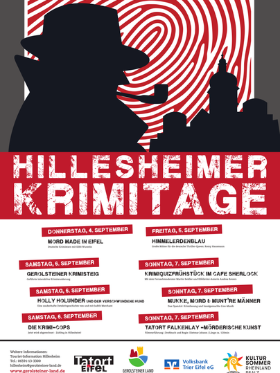Veranstaltungsplakat der Hillesheimer Krimitage 2025 mit allen Terminen sowie Hinweise auf Sponsoren und Ticketverkauf