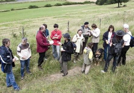 Eine Gruppe von 13 Personen und einem Hund steht auf einem Pfad neben einer gro&szlig;en Wiese. Zwei Personen der Gruppe tragen schwarze Kleidung und einen gro&szlig;en Hut. Diese zwei erz&auml;hlen der Gruppe etwas.