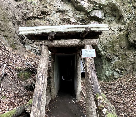Een houten tunnelingang in de vulkaangroeve Arensberg, omgeven door rotsen en gebladerte. Een bord waarschuwt bezoekers op eigen risico naar binnen te gaan., &copy; Touristik GmbH Gerolsteiner Land