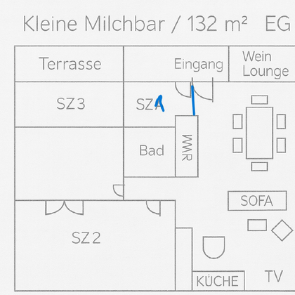 Une représentation schématique du plan d'un appartement. Les différentes pièces sont désignées, y compris l'entrée, la chambre, la salle de bain et le séjour.