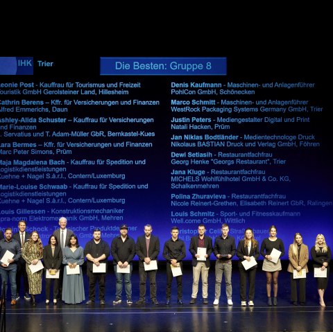 Einige Personen stehen nebeneinander auf einer B&uuml;hne und halten Auszeichnungen in den H&auml;nden. Hinter Ihnen werden auf eine Leinwand die Namen der Absolventen gezeigt.