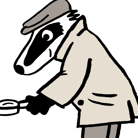 Graphic of a badger in a beige trench coat and a peaked cap on his head, pointing a magnifying glass at the ground.