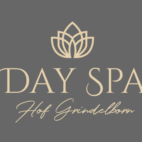 Logo Day Spa Hof Grindelborn mit goldener Schrift und Lotusblume