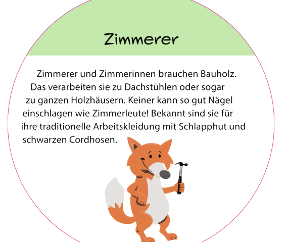 Informationsschild "Zimmerer" mit Fuchs-Maskottchen.