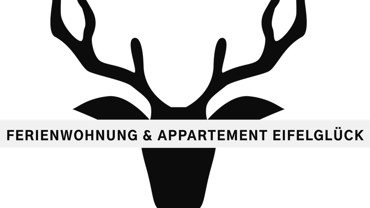 Ein stilisiertes Logo mit einem Geweih und dem Schriftzug „Ferienwohnung & Appartement Eifelglück“. Es vermittelt eine gemütliche und einladende Atmosphäre.