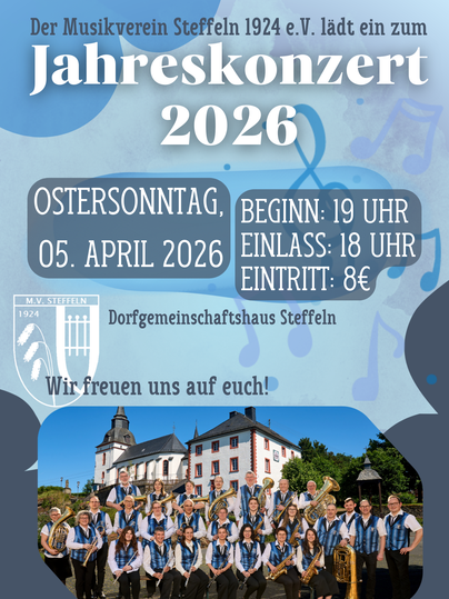 Plakat zum osterkonzert und Jahreskonzert am 05.04.2026. preise, Treffpunkt sind dort zu finden