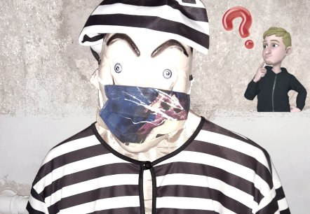 A doll wearing striped prison clothing and a face mask looks into the camera. Next to it is an animated man with a questioning look and a question mark.