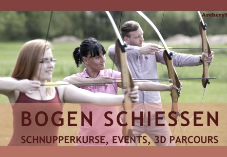 Flyer advertising the Archery Hotel's archery package, featuring three people each drawing a bow and arrow.