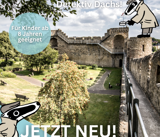 Affiche Detective Trail Hillesheim met detective-das voor de stadsmuur van Hillesheim en informatie over reserveringen.