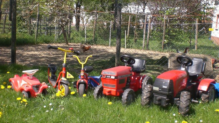 Eine bunte Auswahl an Kinderfahrzeugen steht auf einer grünen Wiese. Dazu gehören ein Roter Traktor, ein gelbes Fahrrad und ein rotes Auto.