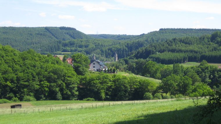 Landscape view with green hills and a village in the distance.
