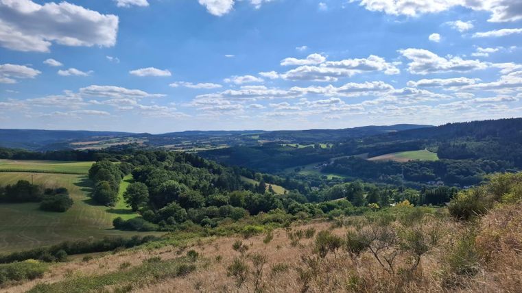 Un vaste paysage avec des collines douces et des prairies vertes sous un ciel bleu dégagé. Les nuages passent doucement dans le ciel.
