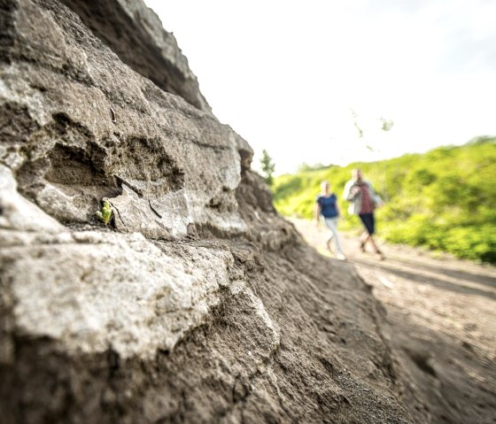 Felswand im Vordergrund, unscharfe Wanderer im Hintergrund auf einem sonnigen Pfad. Natur und Bewegung in der Eifel., © Eifel Tourismus GmbH, Dominik Ketz