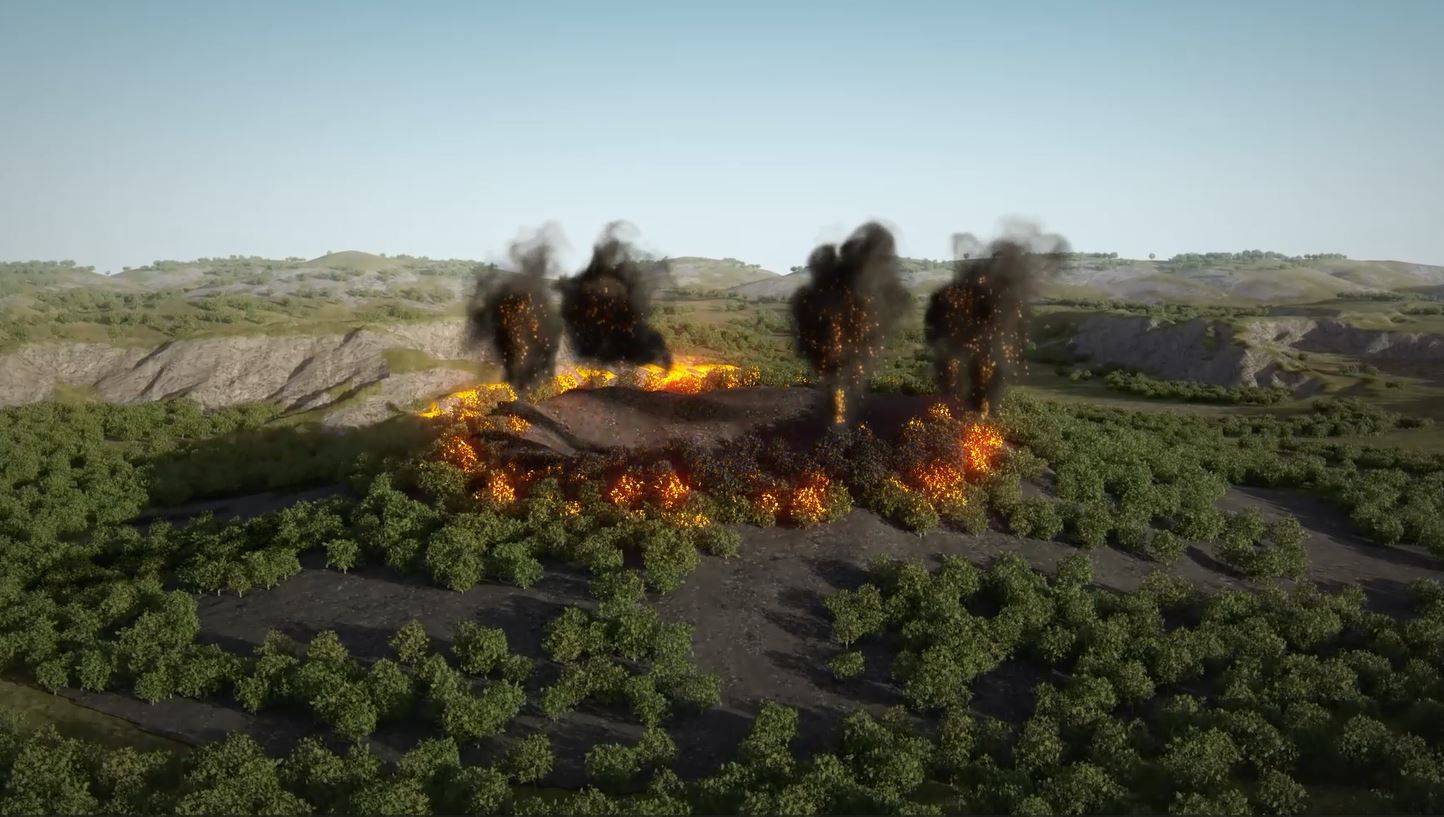 Visualisierung eines explodieren Vulkankegels in bewaldeter Landschaft