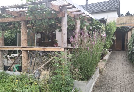 Bewachsener Außenbereich mit überdachter Terrasse vor einem Lokal.