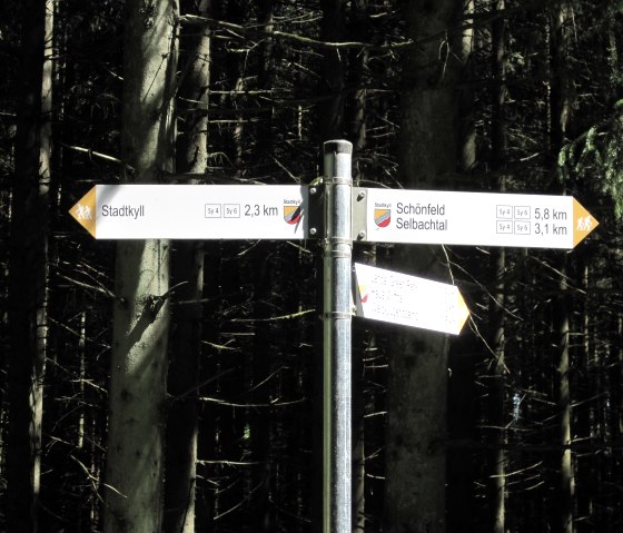 Wegweiser im Wald zeigt Entfernungen zu Stadtkyll, Sch&ouml;nfeld und Selbachtal. Umgeben von B&auml;umen, klare Beschilderung f&uuml;r Wanderer., &copy; Touristik GmbH Gerolsteiner Land