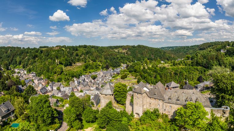 Panoramisch uitzicht op Monschau met kasteel en groen landschap.