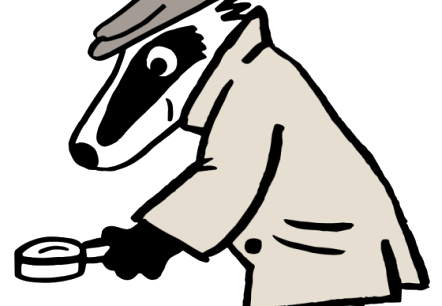 Graphic of a badger in a beige trench coat and a peaked cap on his head, pointing a magnifying glass at the ground.