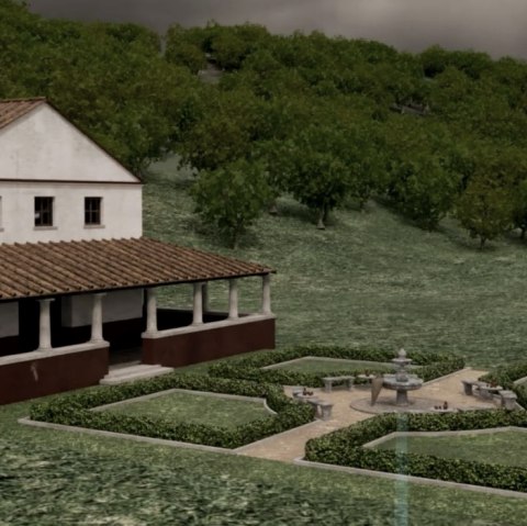 Visualisatie van een Romeins gebouw met tuin en fontein