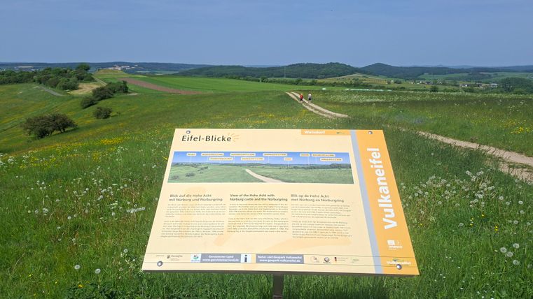 Ein Aussichtspunkt mit einem Informationstafel über die Eifel. Die Landschaft ist grün und hügelig unter einem klaren blauen Himmel.
