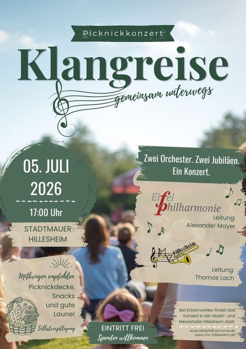 Ein Plakat für das Picknickkonzert "Klangreisen" in Hildesheim. Das Event findet am 5. Juli 2026 statt und bietet zwei Orchester und ein gemeinsames Konzert.