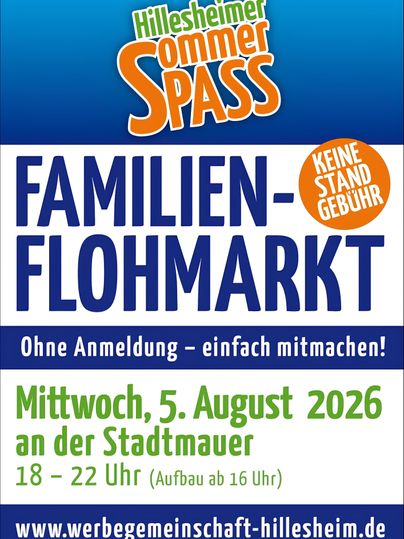 Ein farbenfrohes Plakat für einen Familienflohmarkt in Hillesheim. Es findet am 5. August 2026 statt, ohne Standgebühr und ohne Anmeldung.