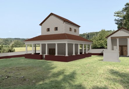 Digitale Nachkonstruktion der Tempelanlage Juddekirchhof auf einer Wiese